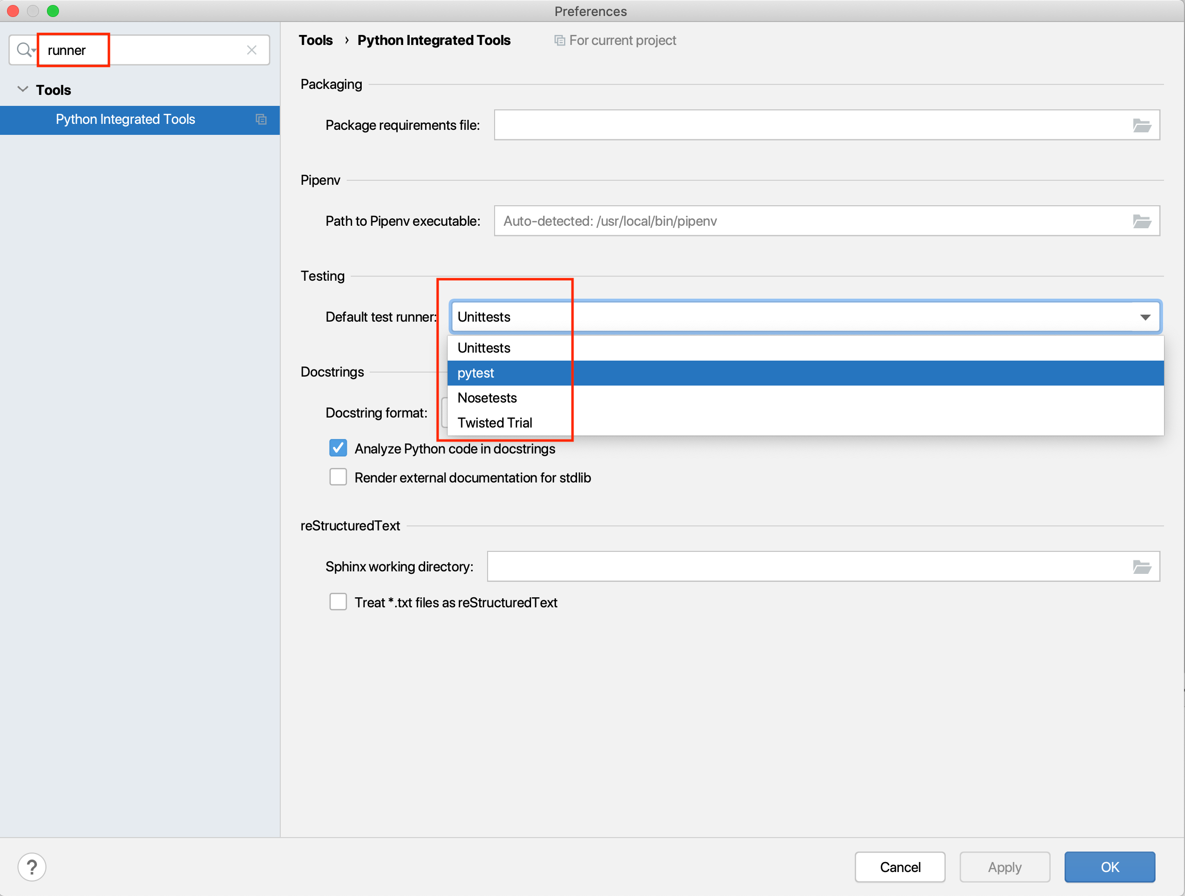 Selecting pytest as the test runner in pycharm