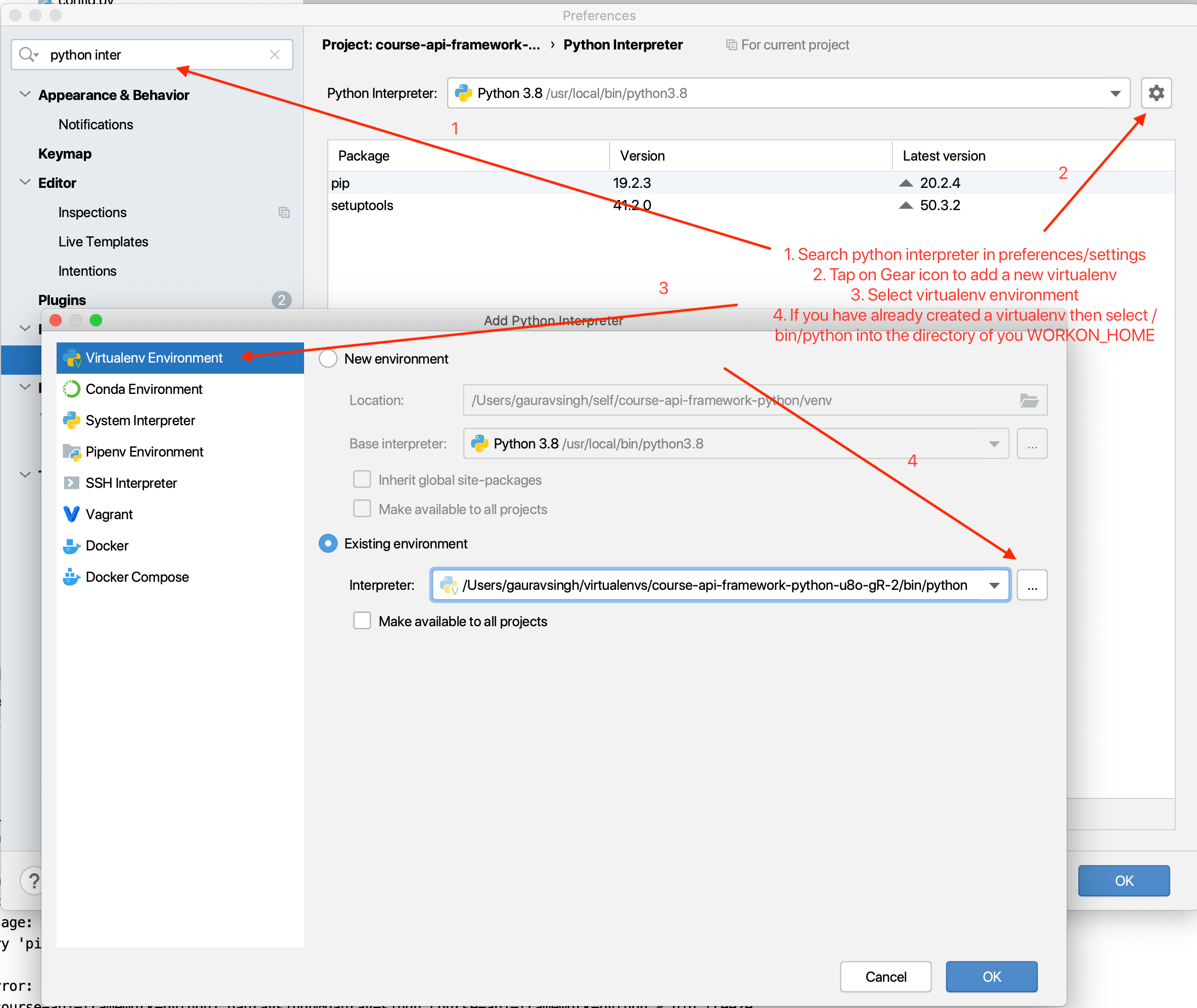 Selecting virtualenv in pycharm