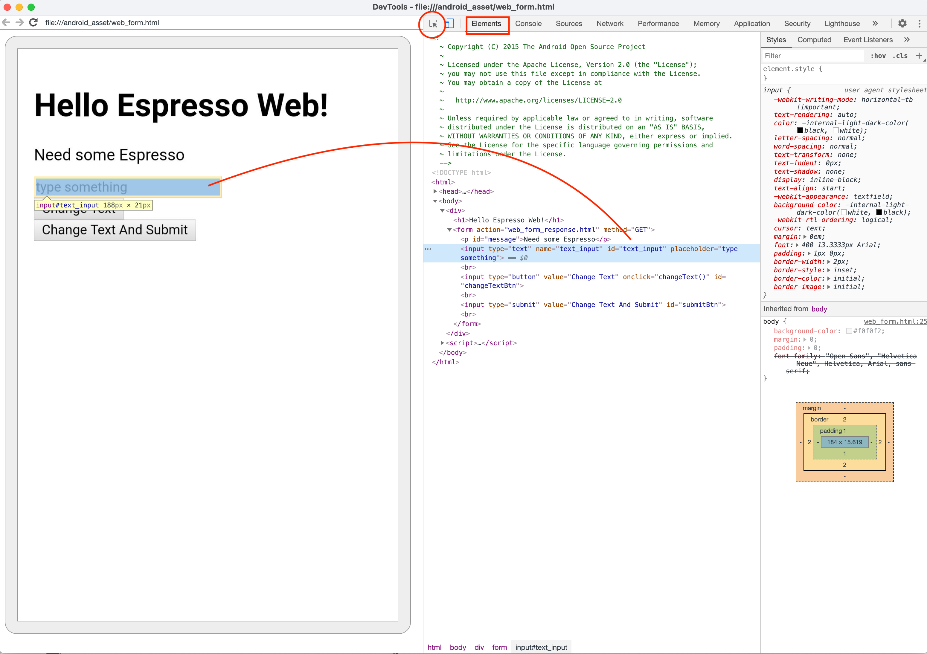 Chrome dev tools showing the webview and its associated DOM for home page