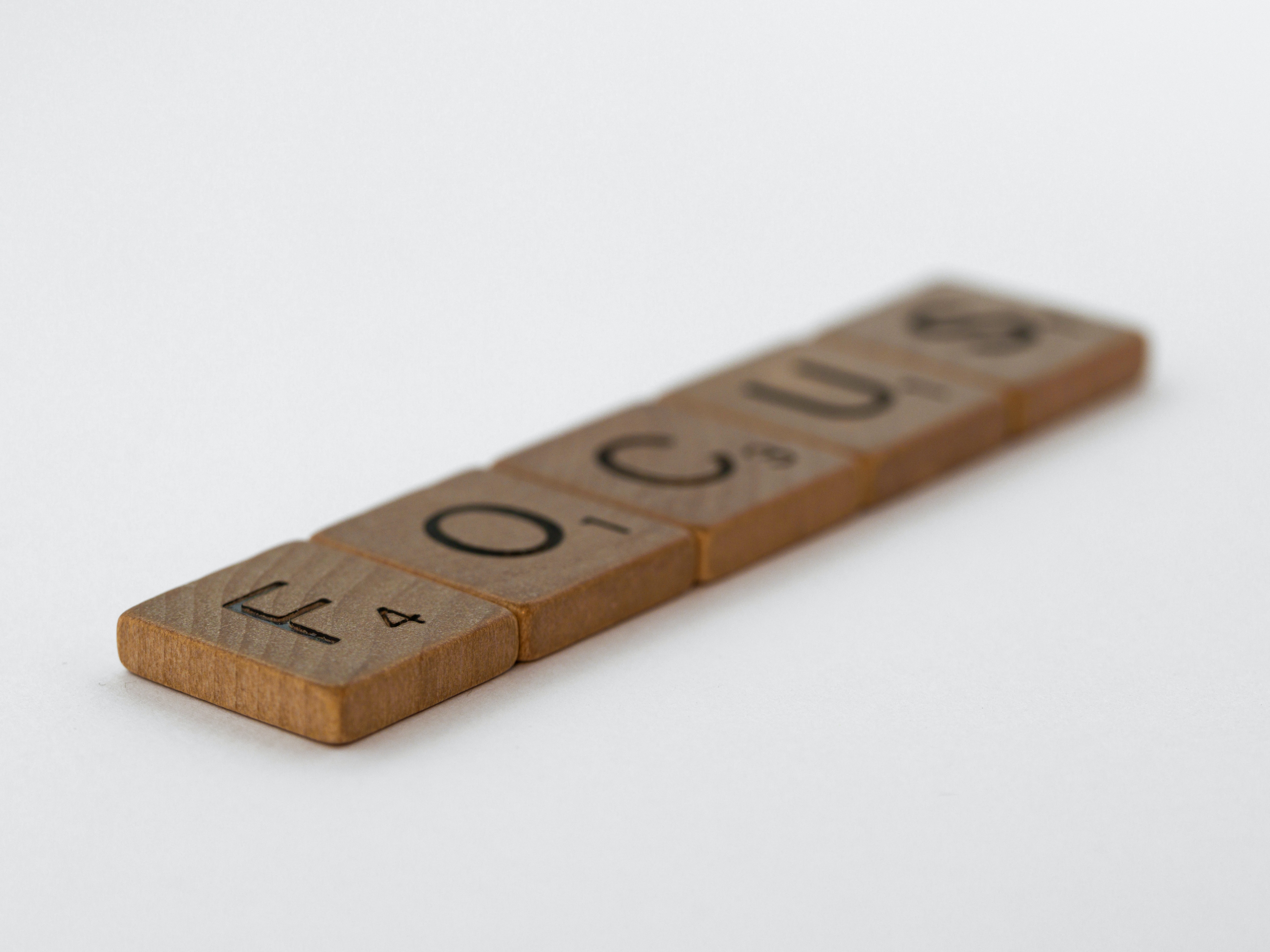 The word focus written on a set of wooden logs