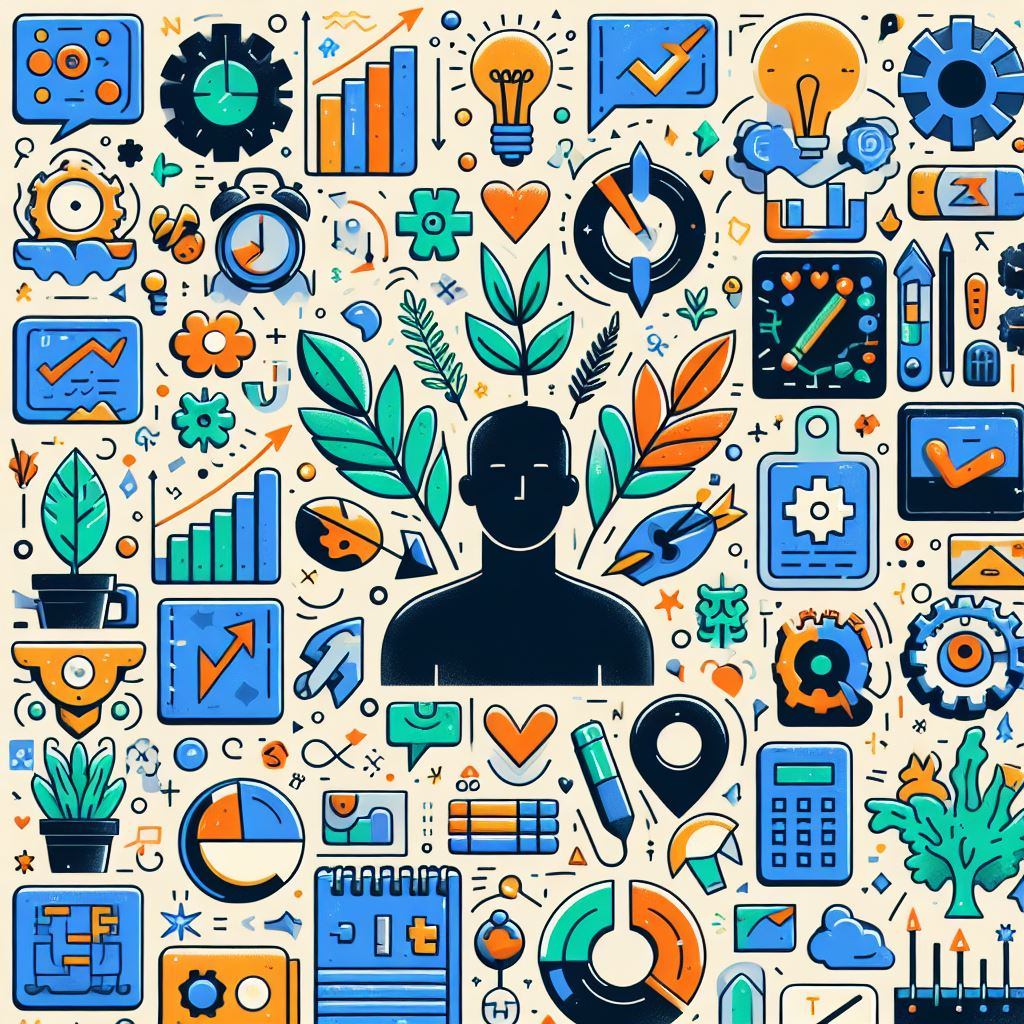 An image of a humanoid with multiple smaller icons indicating growth, idea, productivity