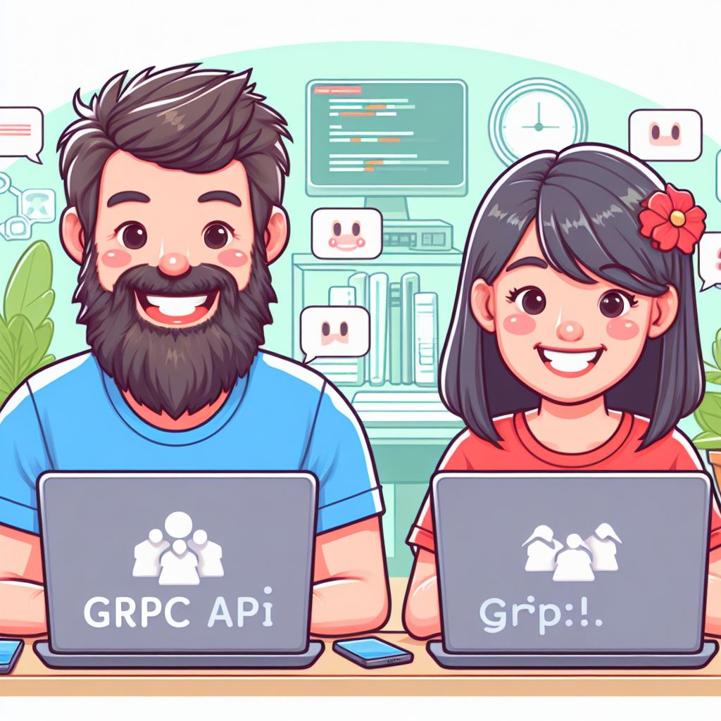 Image showing a male and female developer coding APIs with gRPC written at the back of their laptop