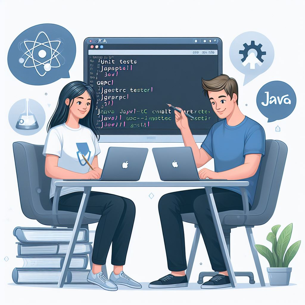 Image showing male and female developers coding APIs with a screen at the back and some icons like Java etc