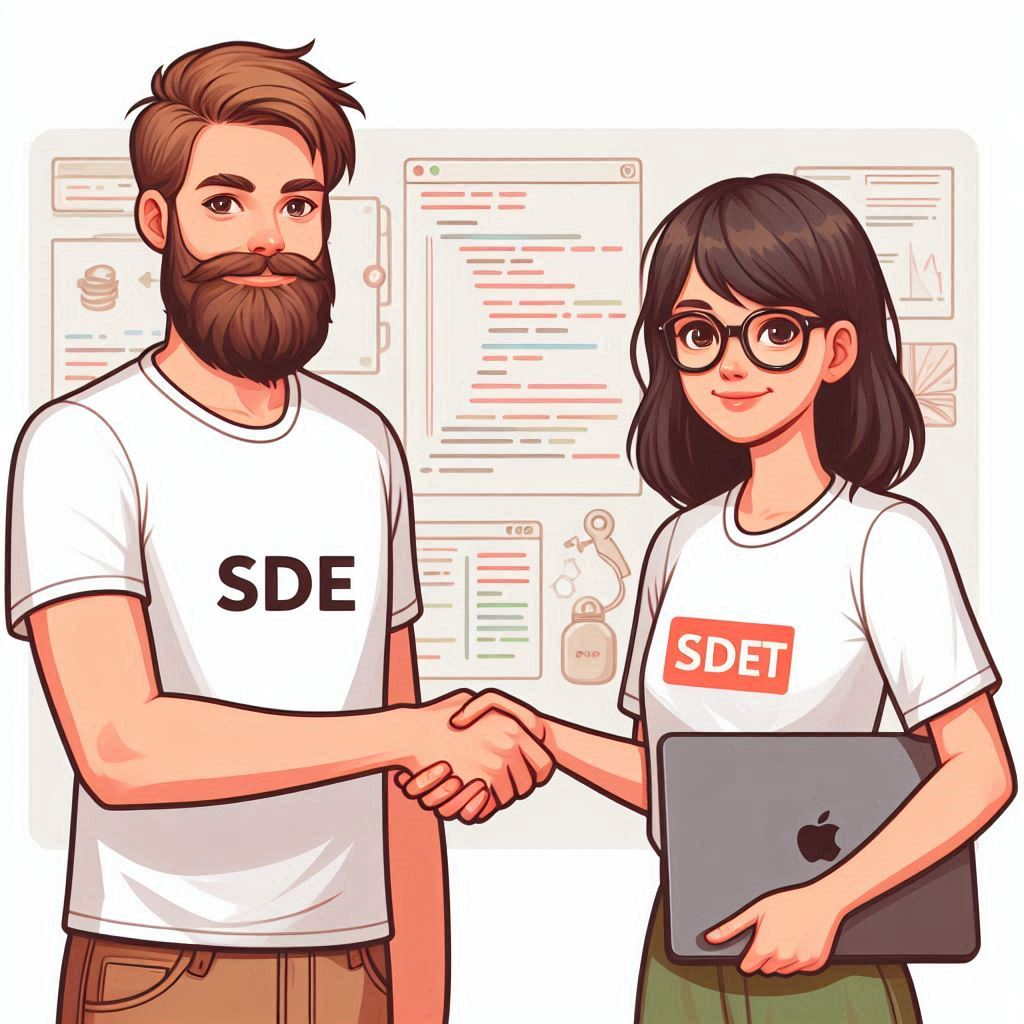 Image showing a man shaking the hand of a women with SDE and SDET written on the tshirt