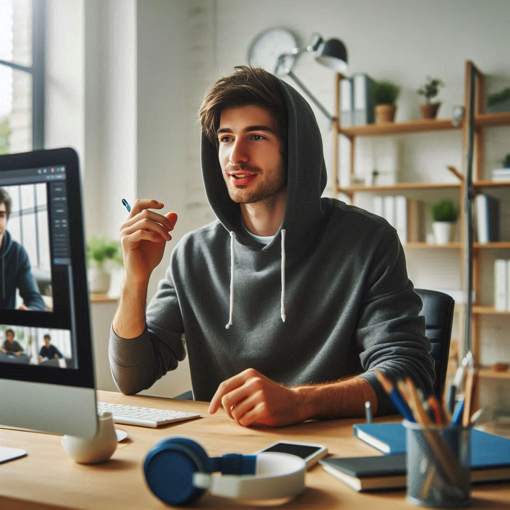 A man on a zoom meeting wearing a hoodie