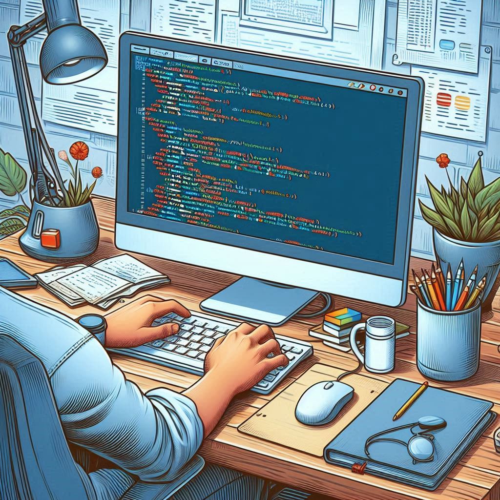 A man typing away on a keyboard working on some kind of HTML code