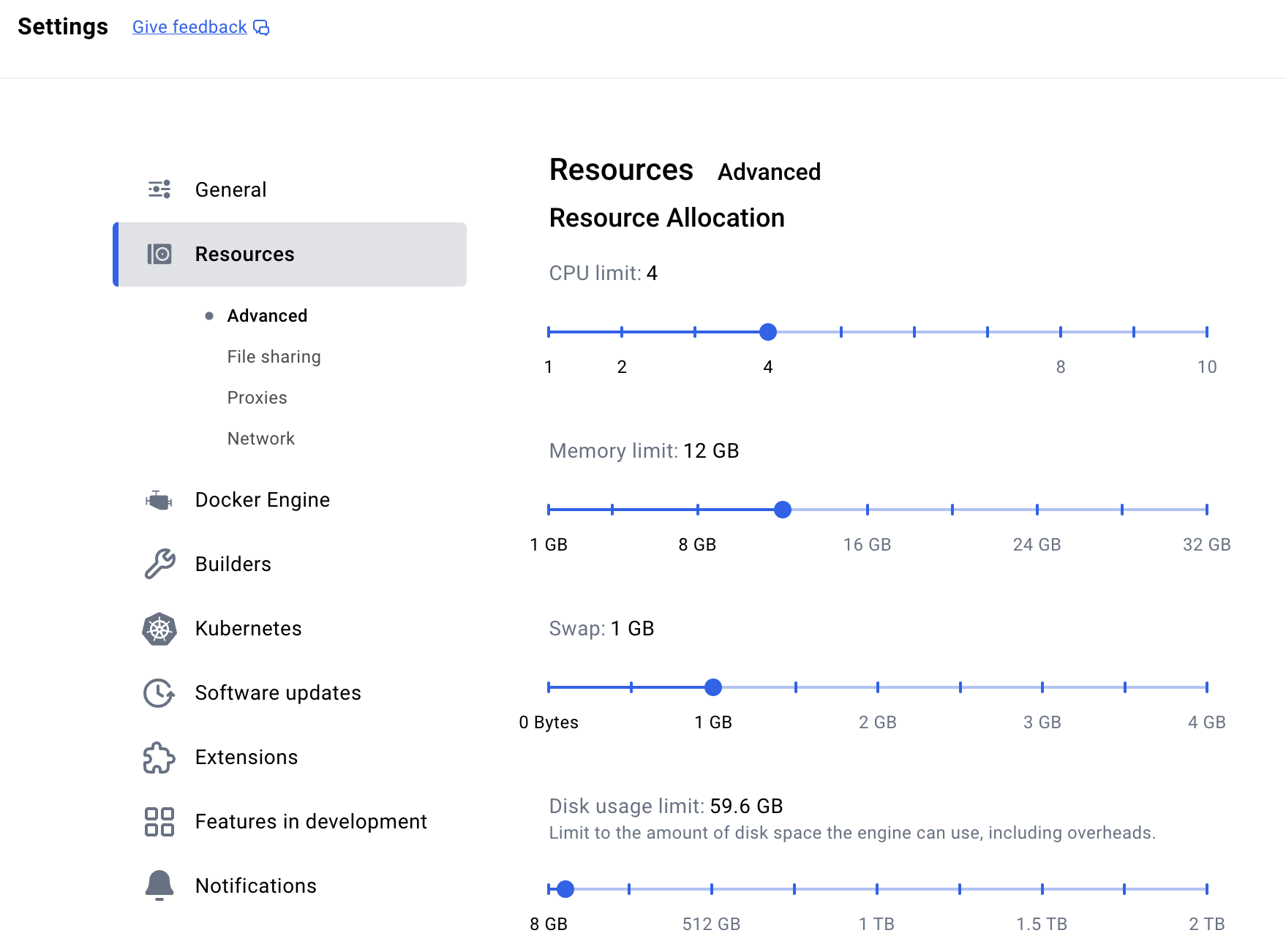 Docker resources configuration