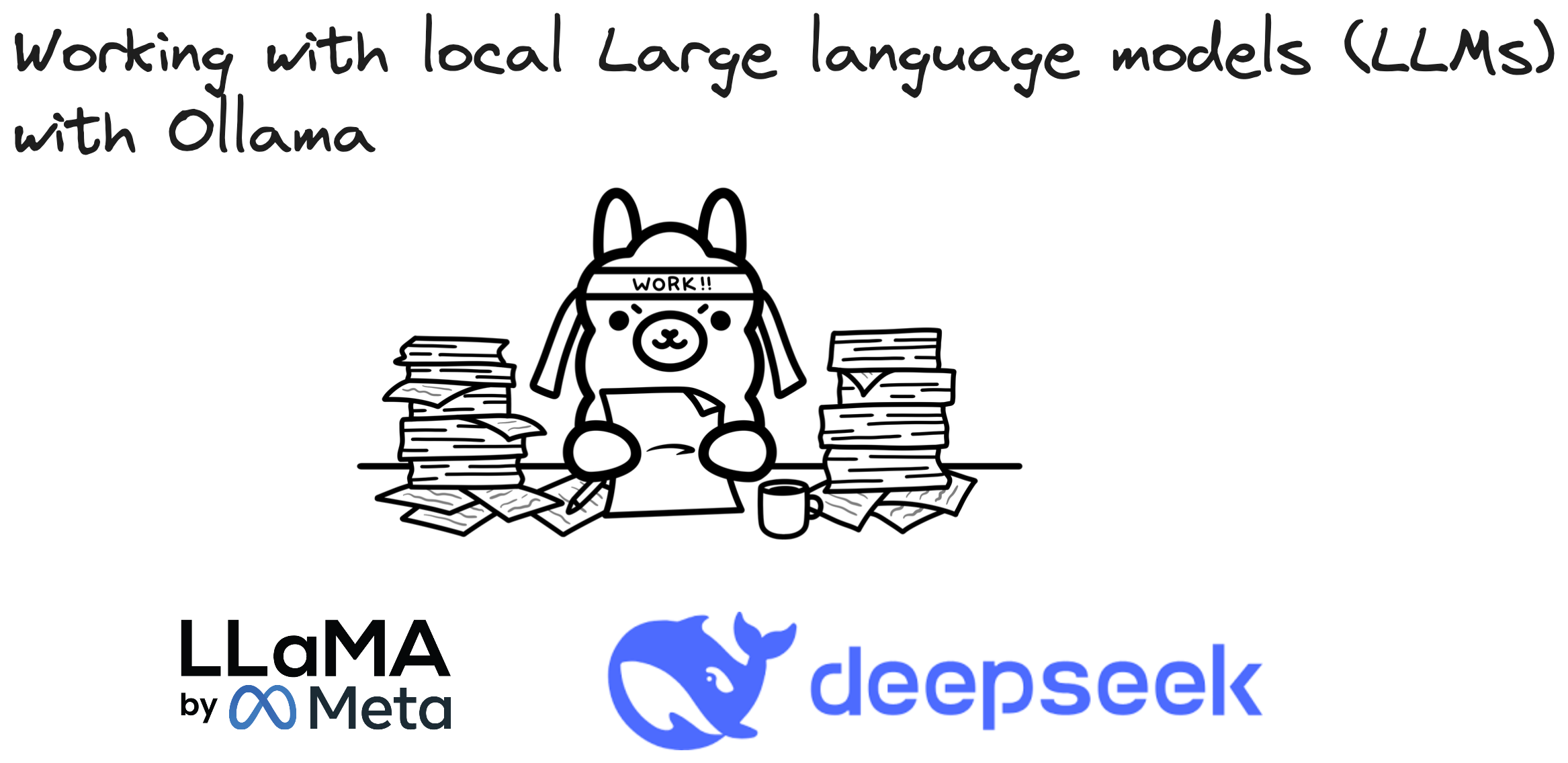 Ollama working on a stack of papers with deepseek and meta llama logo below