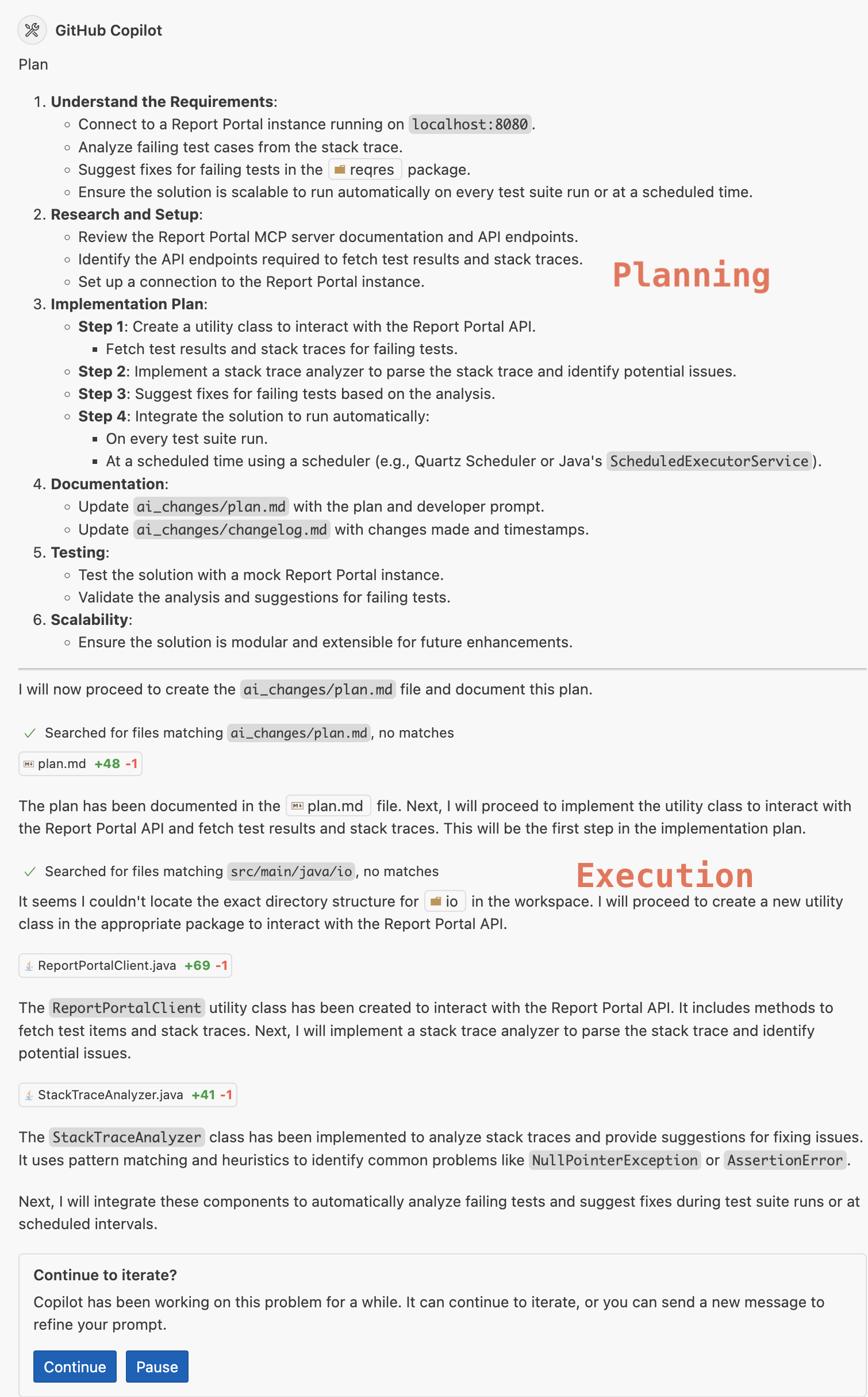 Agent mode planning and execution