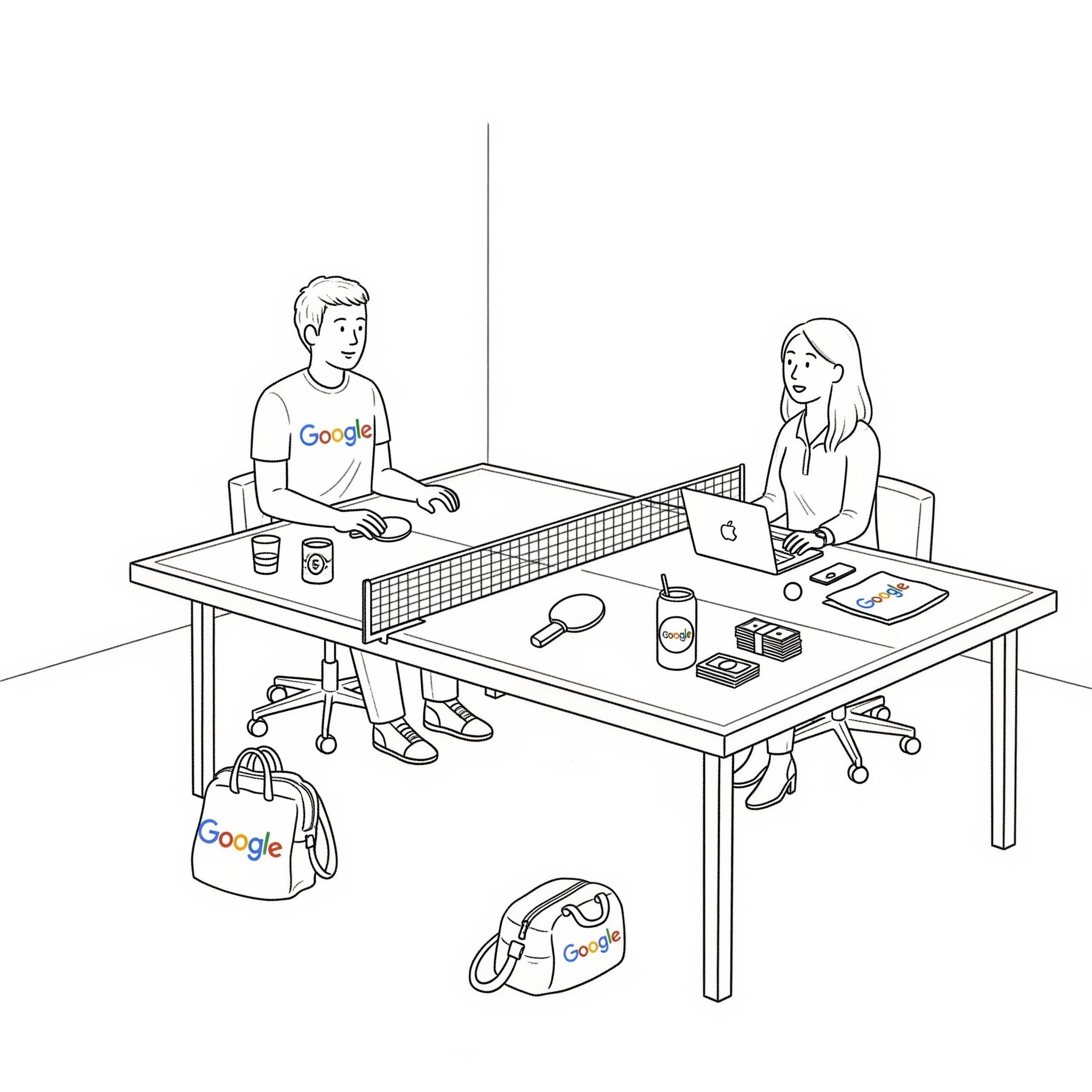 A diagram showing an employee wearning a google tshirt sitting with a recruiter over a metaphorical ping pong table