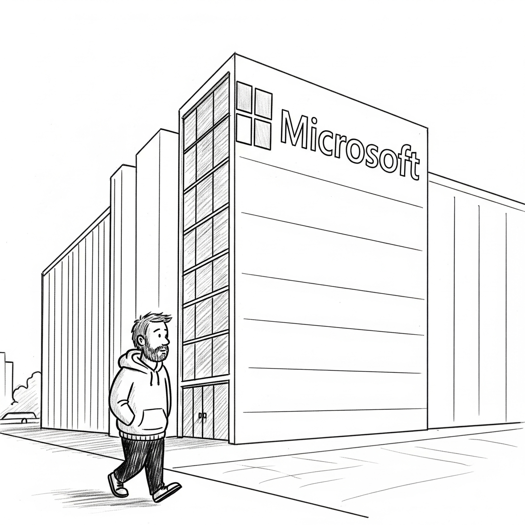 Image of a man with a beard walking towards a building with Microsoft logo on it