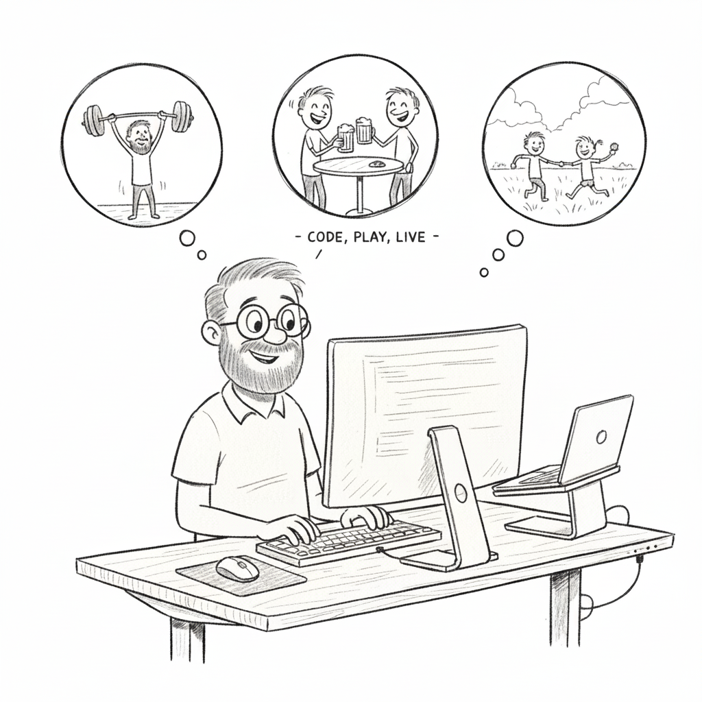 Image of a man with a beard on a standing desk, typing something and thinking about play, meeting his friends and gym